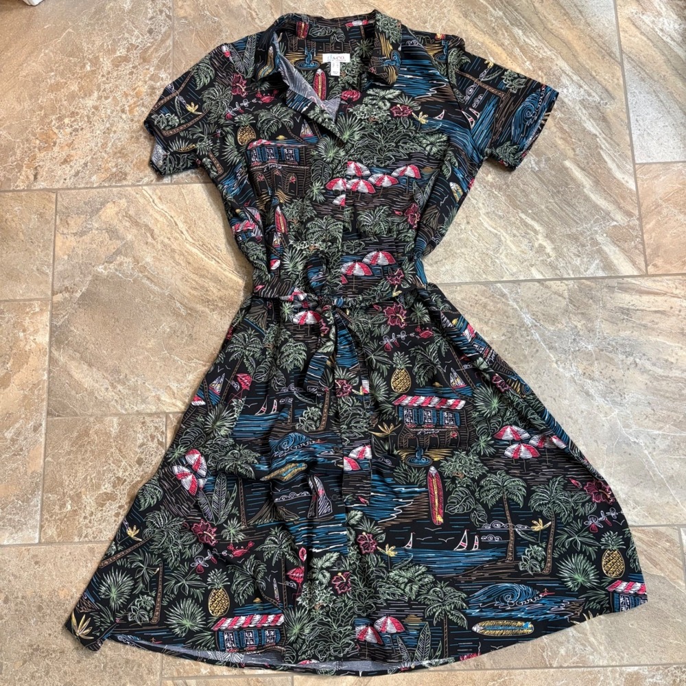 Denim & Co Tropical Beach Print Shirt Dress Black Short Sleeve Belted Womens M - Picture 2 of 7